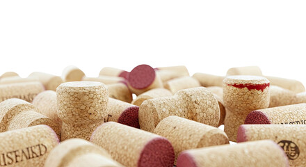Close-up of a pile of corks with red wine staining