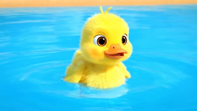 A yellow duck swims in a serene blue pool, viewed from a calm overhead perspective, capturing a peaceful aquatic scene
