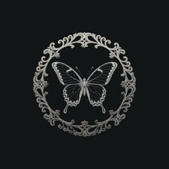 Silver butterfly with baroque frame, elegant winged insect motif on black background design