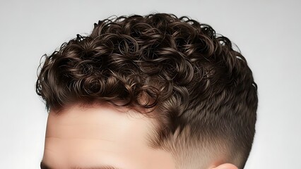 A close-up of a man's curly hairstyle against a neutral background