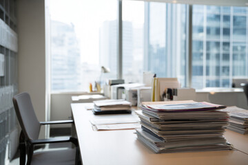 Modern office desk with stack of documents and copy space near window