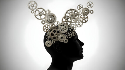 Human head silhouette with mechanical gears in brain representing creativity and innovation