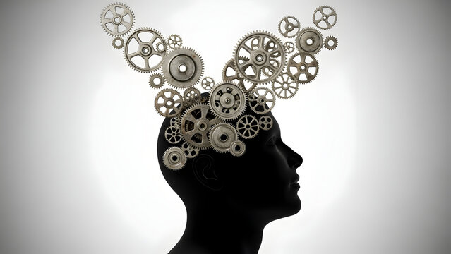 Human head silhouette with mechanical gears in brain representing creativity and innovation