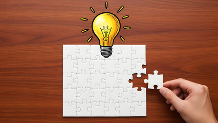 Hand placing final puzzle piece under glowing lightbulb on wooden table