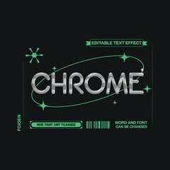 Chrome text effect with minimalist retrofuturistic design elements on black background