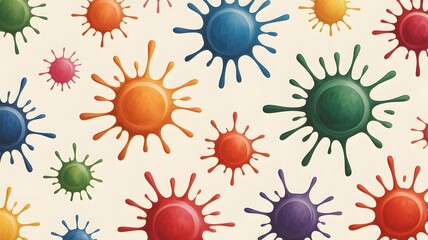 Vibrant colorful paint splatters on cream background