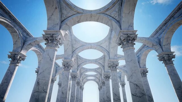 Camera ascending through classical white marble architecture under bright sunlight, evoking elegance, history, and grand architectural design.