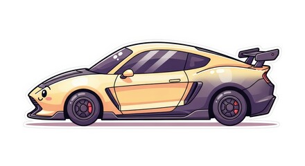 Fototapeta premium Stylish Cartoon Yellow Modern Sportscar Side View with Spoiler and Eyes, Pixel Art Style