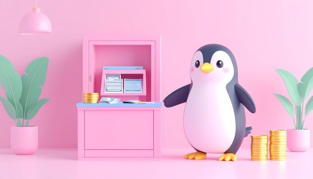 3D adorable pink penguin character working as a friendly bank manager in a modern bank office. Cute cartoon style finance concept for banking, savings, financial services, fintech apps