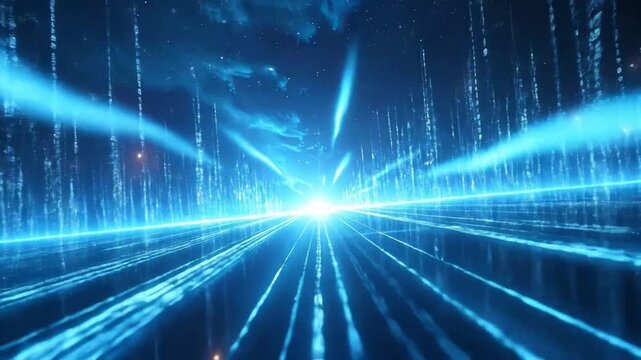 Futuristic digital landscape with binary code rain and glowing horizon, creating a virtual world.