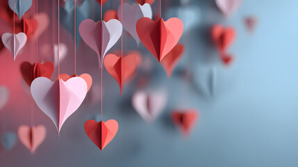 fondo liso con espacio de copia con corazones de papel colgando desde arriba con unos corazones desenfocados para tarjeta de san valentin o del dia del amor y la amistad 