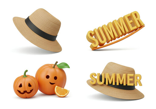 Various Summer Objects Including Straw Hats Orange Fruit and Pumpkin Isolated Transparent Background