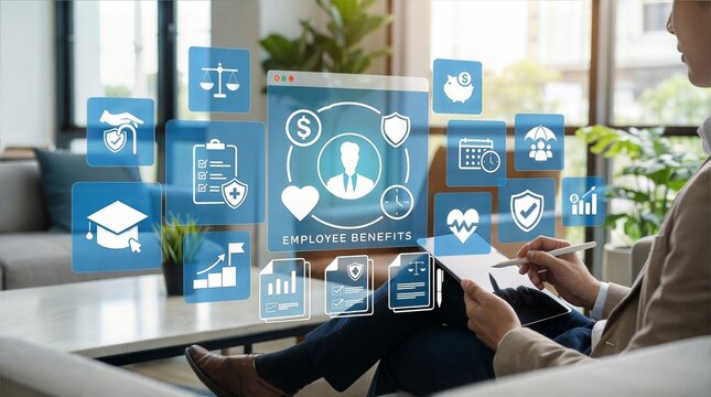 Employee benefits concept with health insurance and financial perks for workplace wellness