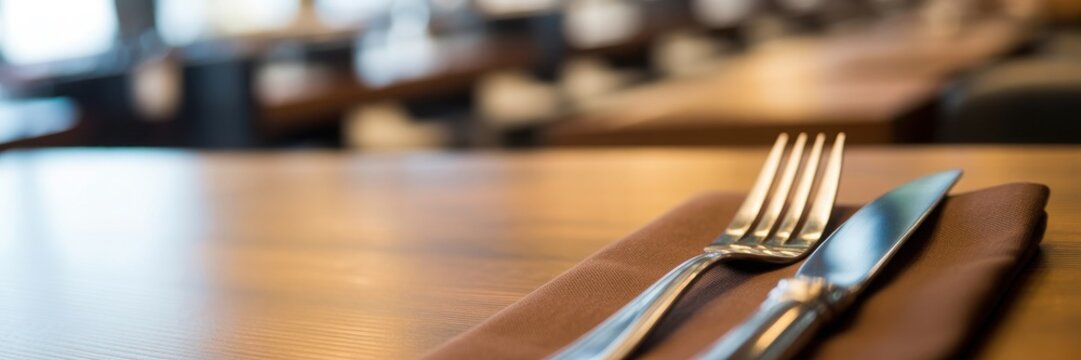 Table setting with a fork and knife on a brown napkin on a wooden table, suitable for restaurant, dining, and culinary themes.