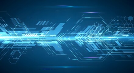 Obraz premium Futuristic Digital Technology HUD Interface Background with Blue Hexagons, Circuitry Lines, and Glowing Data Elements