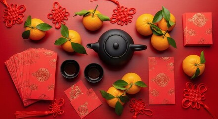 Obraz premium Top-down view (flat lay) of Chinese New Year elements: a tea set, oranges (tangerines) with leaves.