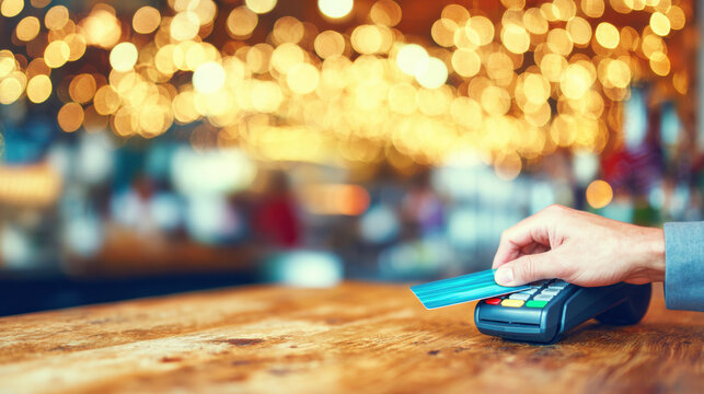 Person making a card payment at a busy cafe during evening hours