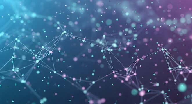 Digital network plexus background with blue and purple connecting dots and lines. Future communication and data science concept.