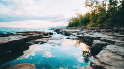 Nature scene of water reflecting the sky near rocky shore at sunset