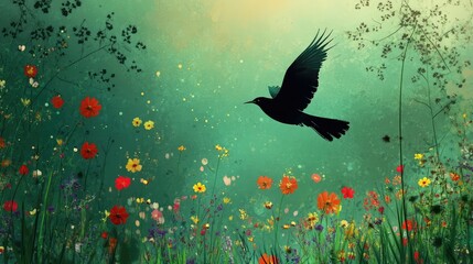 Fototapeta premium A black bird flying over a field of flowers