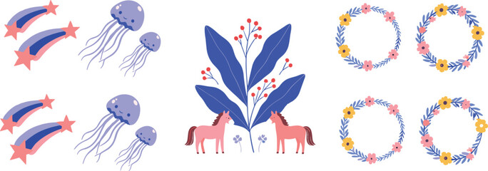 Naklejka premium Whimsical fantasy illustration set with shooting stars jellyfish unicorns floral wreaths and magical decorative elements