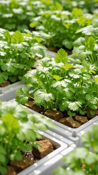 Vertical farming technology herb leaf greenhouse garden tray cultivation lush green coriander seedling sustainable agriculture organic food healthy plant indoor garden hydroponic urban farming leafy