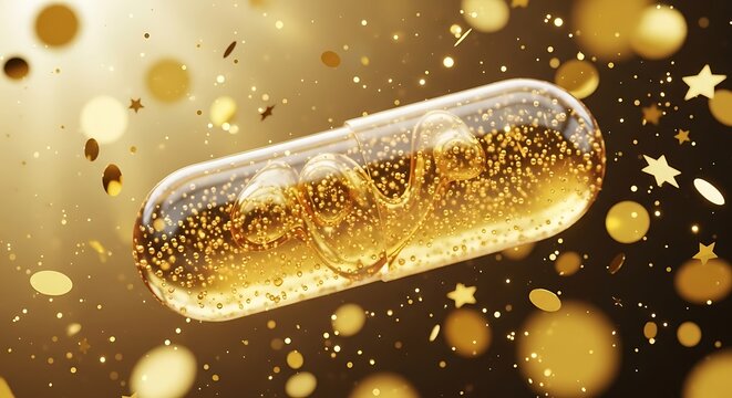 Luxury golden capsule with shimmering particles, representing wellness and premium supplements.