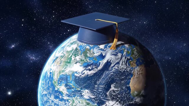 Planet Earth wearing a graduation cap while orbiting in space, representing worldwide education and global academic success.