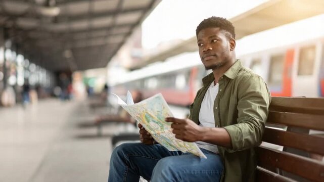 Young man studying map at train station, planning his journey