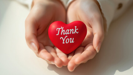 Fototapeta premium A person holds a red heart that says thank you, created AI