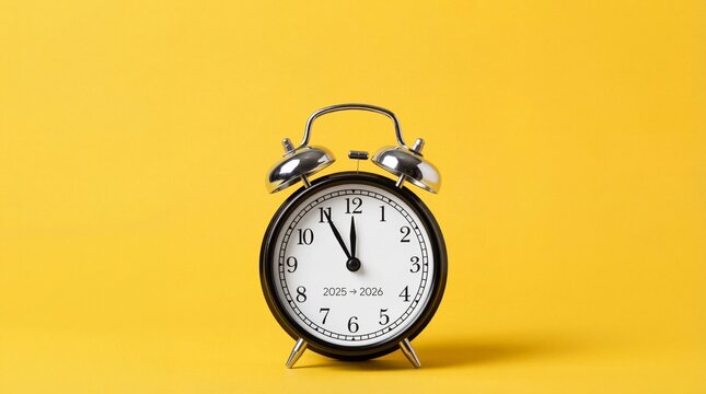 Black Vintage Alarm Clock Showing 2023-2024 on Yellow Background
