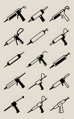 Naklejka premium Various caulking guns and silicone applicators for construction and DIY projects