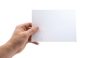 Obraz premium Male Hand Holding Blank White Horizontal Paper Card on White Background