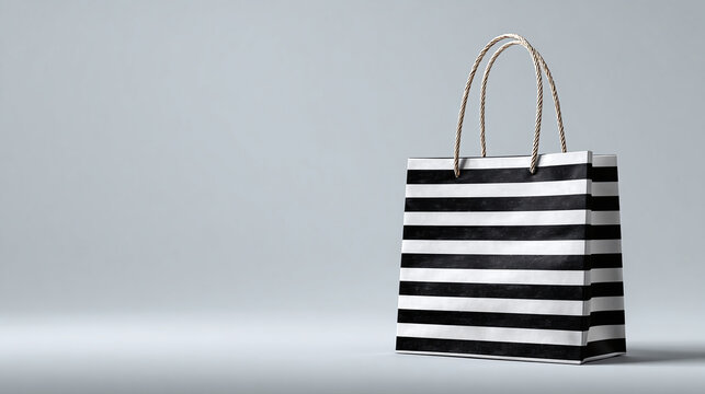 A stylish shopping bag, with black and white stripes, stands out. A shopping bag with handles is presented on a minimalist grey background. 