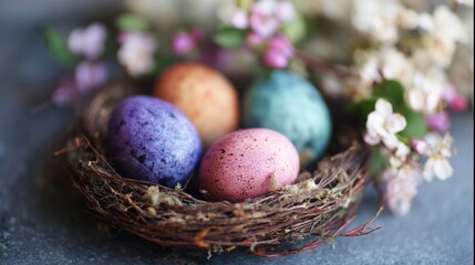 Obraz premium Colorful eggs in a nest with flowers during Easter time