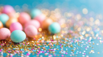 Colorful candy eggs and sparkles on a blue surface for spring celebration