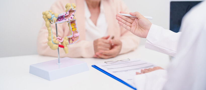 Elderly woman Patient consultation with doctor for Colon disease, Large Intestine, Colorectal cancer, Ulcerative colitis, Diverticulitis, Irritable bowel syndrome, Digestive system and Healthcare