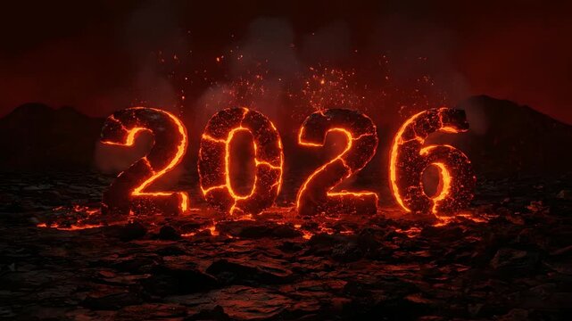Fiery 2026 text forms from molten lava, cooling into cracked rock with glowing lines, set in a dramatic volcanic landscape. Perfect for new year announcements, future projections,