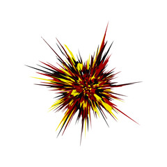 Obraz premium Vibrant abstract graphic illustration of a dynamic explosion in red, yellow, and black hues on a white background.