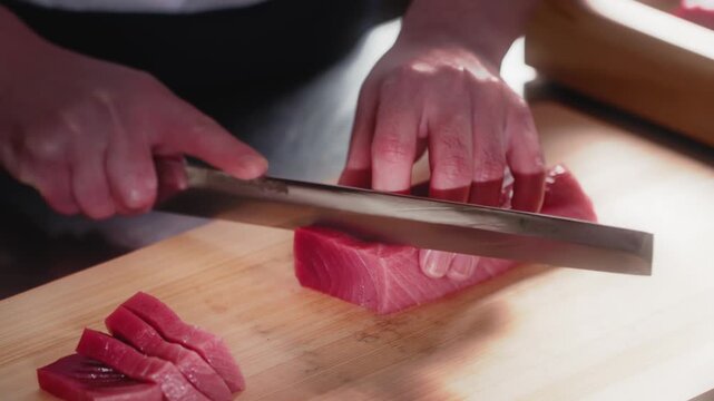 包丁で生のマグロの刺身を切り分ける寿司職人の手元　和食・日本料理のクローズアップ　魚介・海鮮料理　旅行・観光