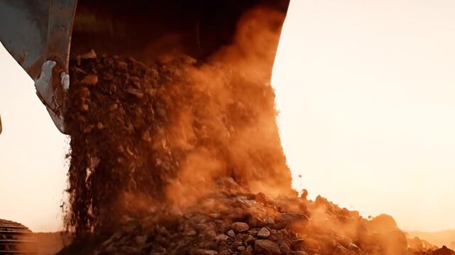 Industrial machinery dumping rocks and dirt in a dusty outdoor environment from a high viewpoint
