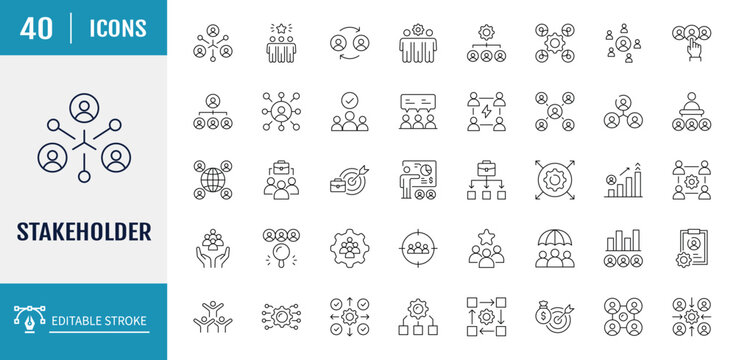 Stakeholder icon set. Includes business, collaboration, teamwork, Management, investors, partners, employees, and more. Vector illustration with editable strokes