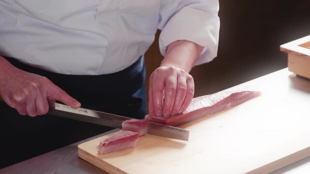 包丁で生のブリ・カンパチ・ハマチ魚の刺身を切り分ける寿司職人の手元　和食・日本料理のクローズアップ　魚介・海鮮料理　旅行・観光