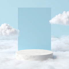 Minimal Product Podium with Blue Sky Frame and Cloud Background