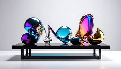 Fototapeta premium Group of iridescent, abstract glass sculptures on a black rectangular platform