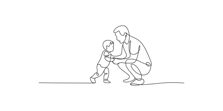 A father helps his child take their first steps in a continuous line drawing style