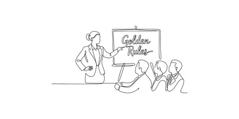 A single continuous line drawing of a businesswoman explaining golden rules during a presentation