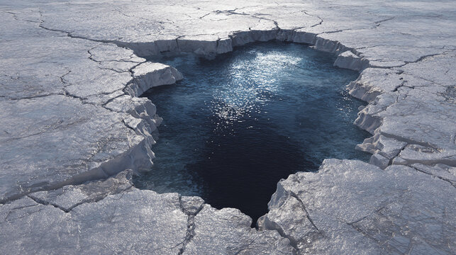 An icy crevasse revealing a dark blue water body, showing the raw power of nature