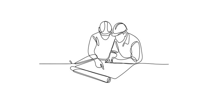 Continuous line art drawing of two architects reviewing building plans together