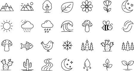 Fototapeta premium Nature Weather Outline Icons Set. Simple Line Art Collection of Natural Elements, Plants, Animals Climate Symbols.